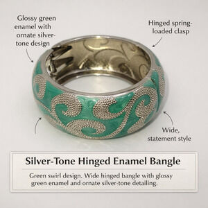 Silver-Tone Hinged Green Swirl Enamel Bangle Bracelet
